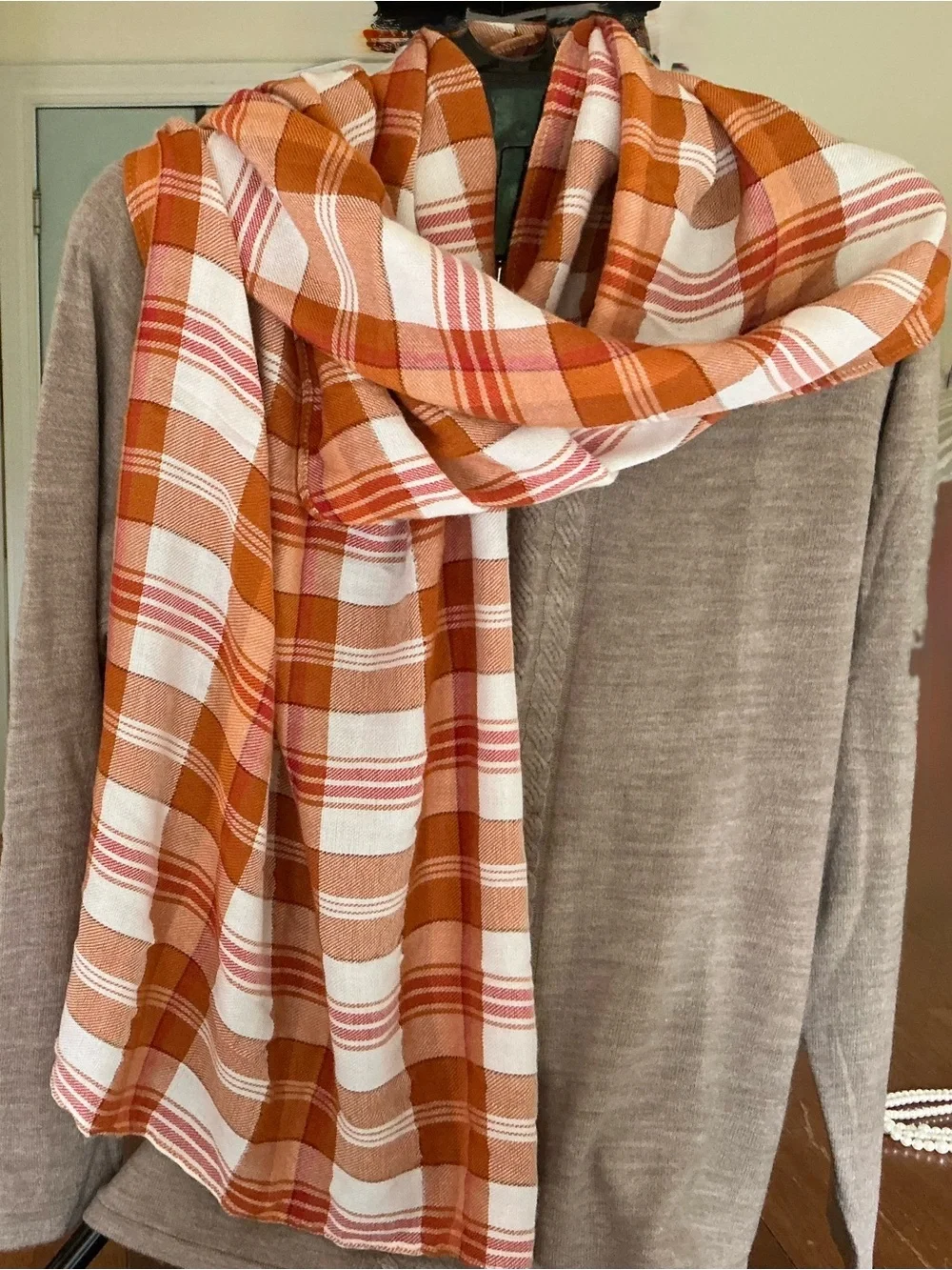 Cato Orange and White Plaid Lightweight Scarf